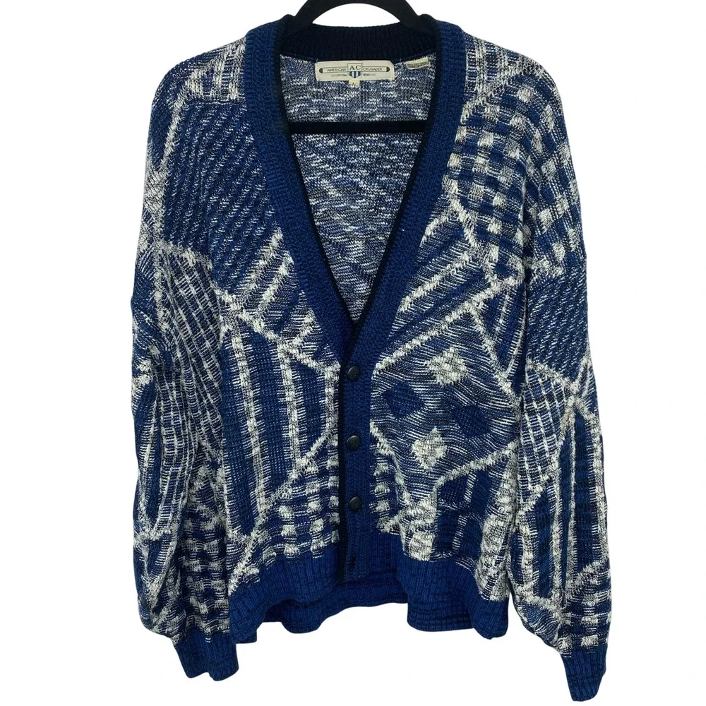 VTG AMERICAN CRUSADER Knit Cardigan Sweater Men's L Blue White Patchwork Grandpa